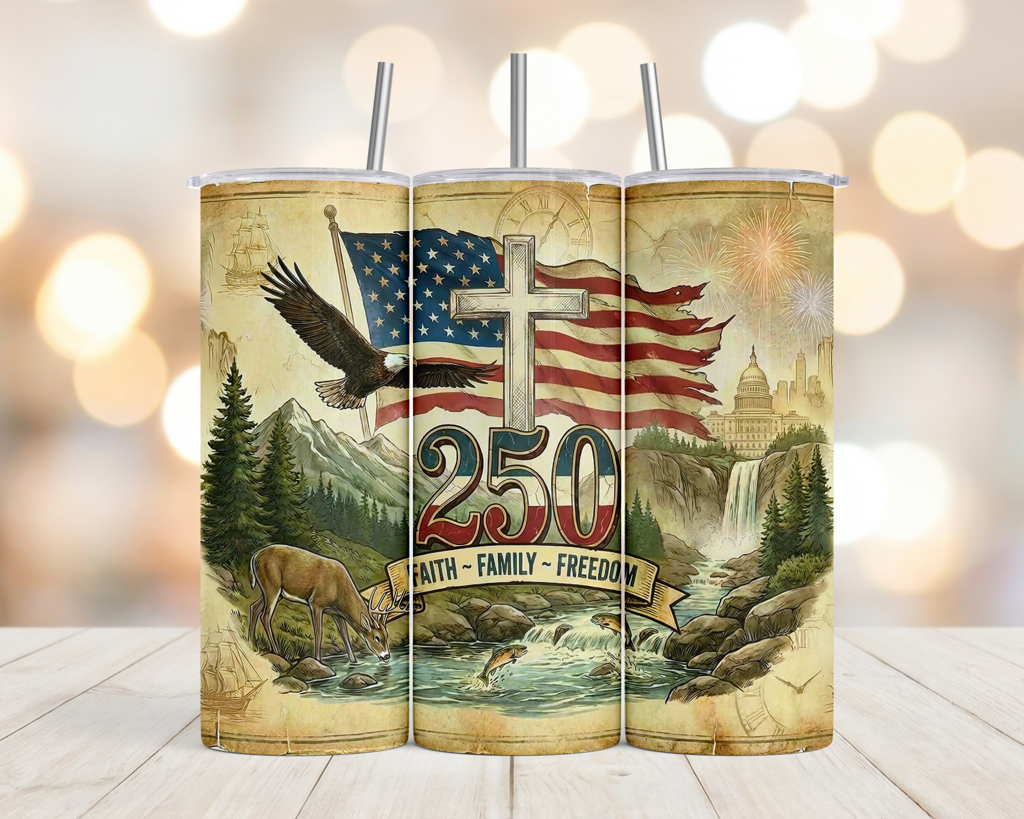 250 Faith Family Freedom Sublimation Transfer & Finished Tumblers
