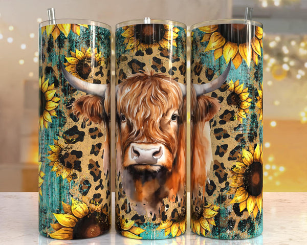 Sunflower Leopard Highland Cow Sublimation TRANSFER or FINISHED Tumblers