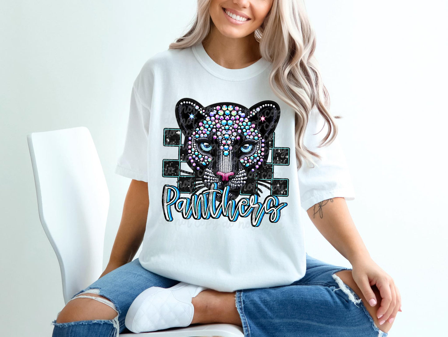 Rhinestone Faux Embroidery Panthers DTF Transfer