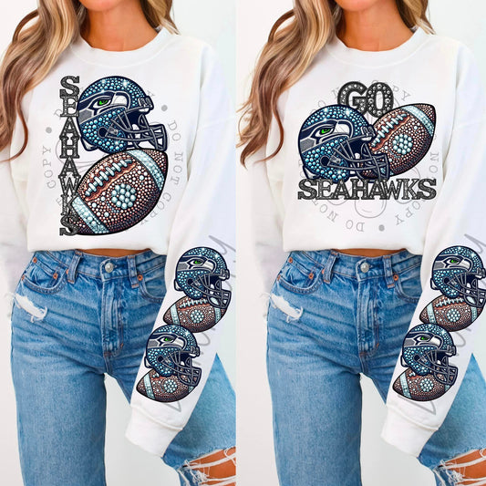 Rhinestone Faux Embroidery SEAHAWKS FOOTBALL DTF Transfer