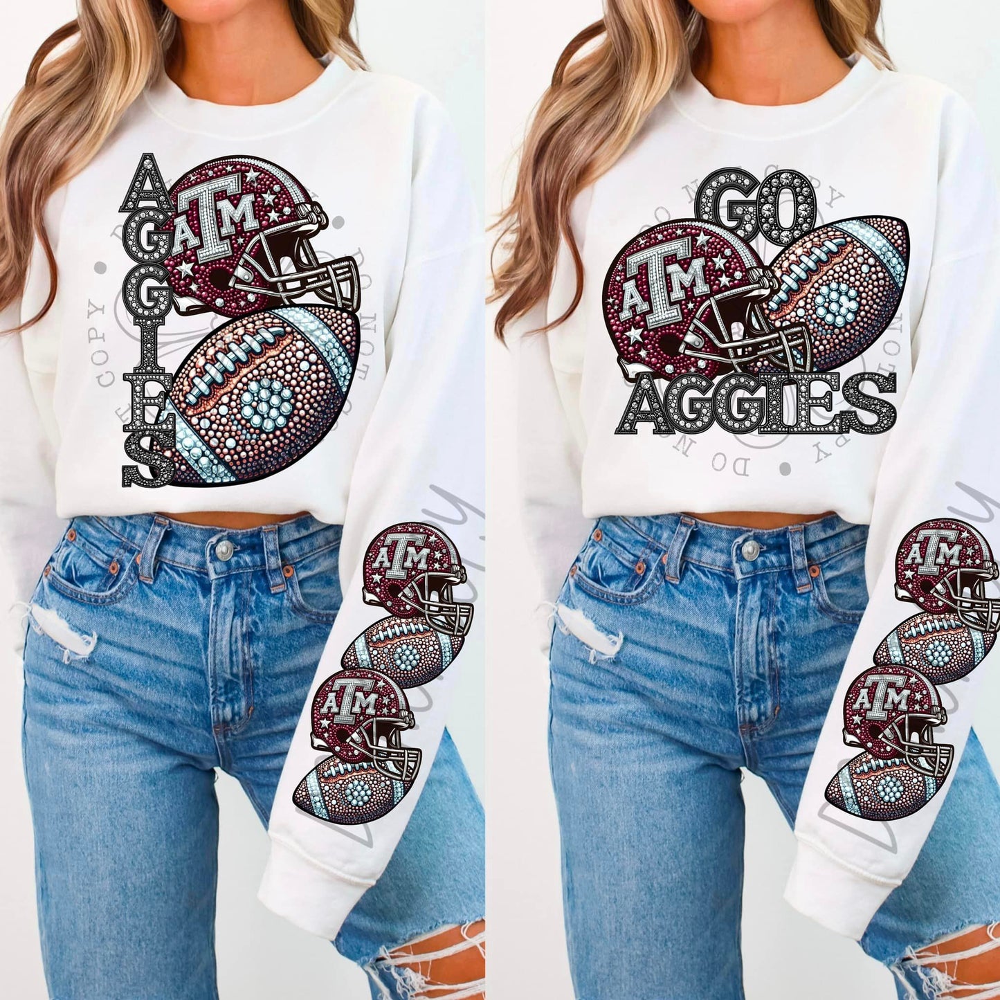 Rhinestone Faux Embroidery AGGIES FOOTBALL DTF Transfer