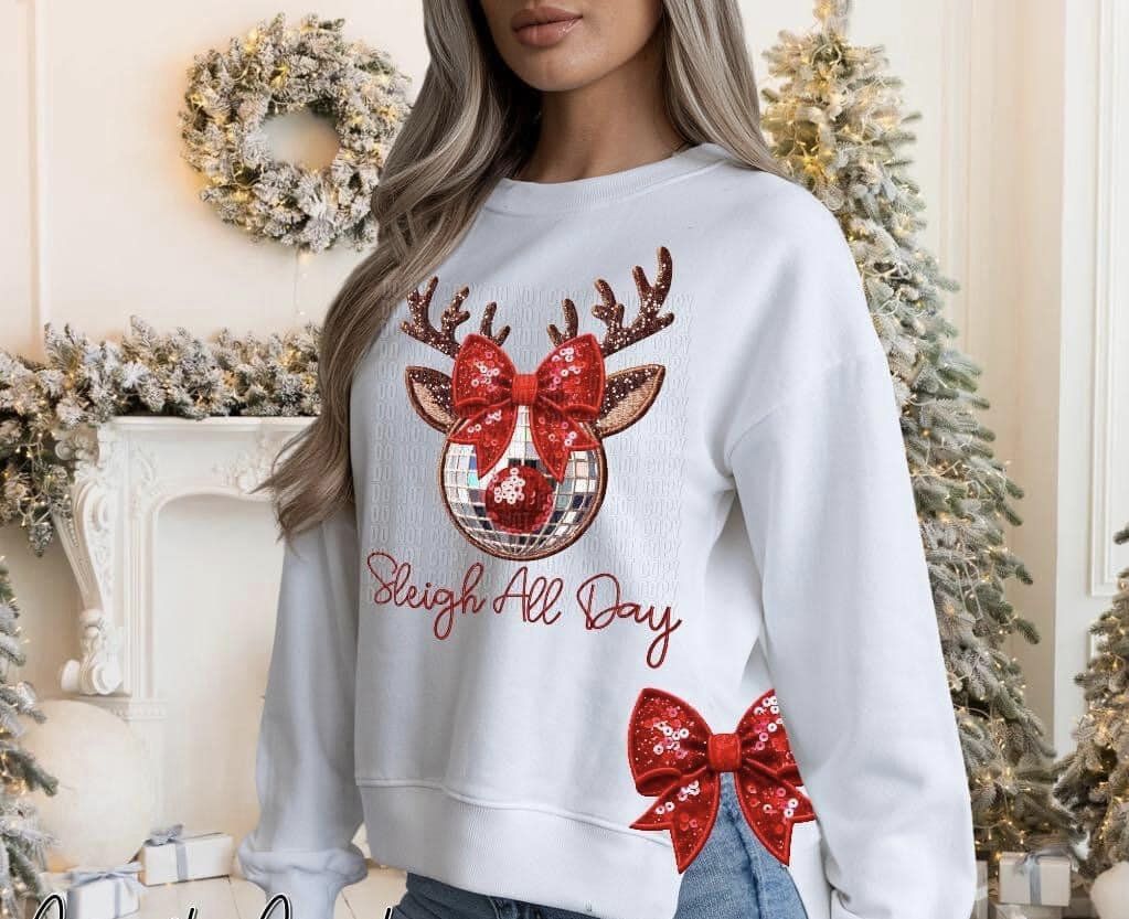 Red Slay All Day Reindeer with One Bow DTF Transfer