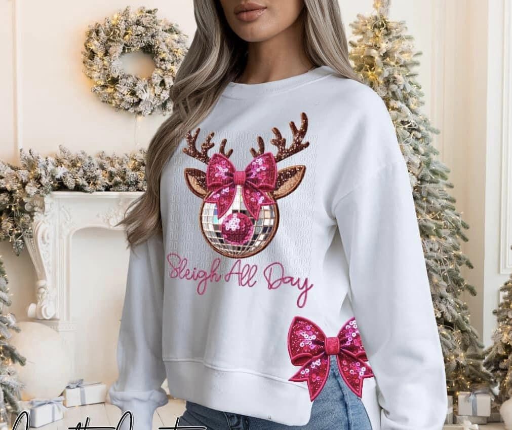 Pink Slay All Day Reindeer with One Bow DTF Transfer