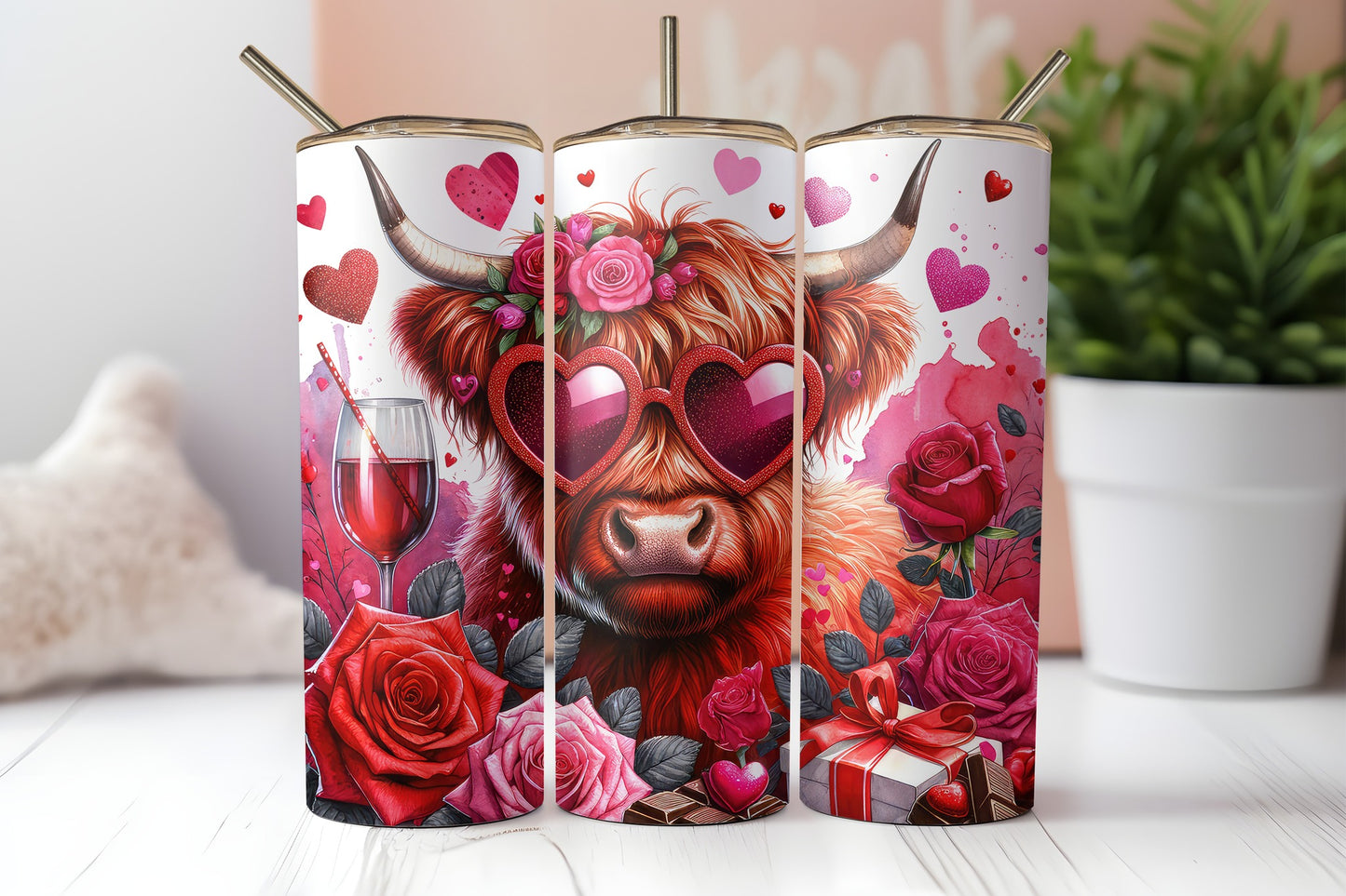 Valentines Highland Cow Sublimation Transfer or Finished Tumbler