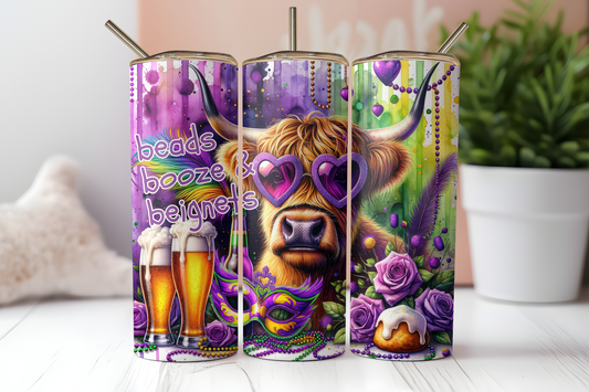 Mardi Gras Highland Cow Sublimation Transfer or Finished Tumbler