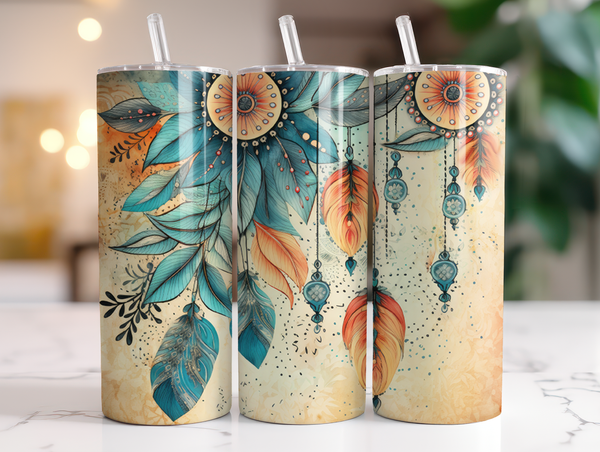 Boho Floral Teal Feathers Tumbler Sublimation Transfer