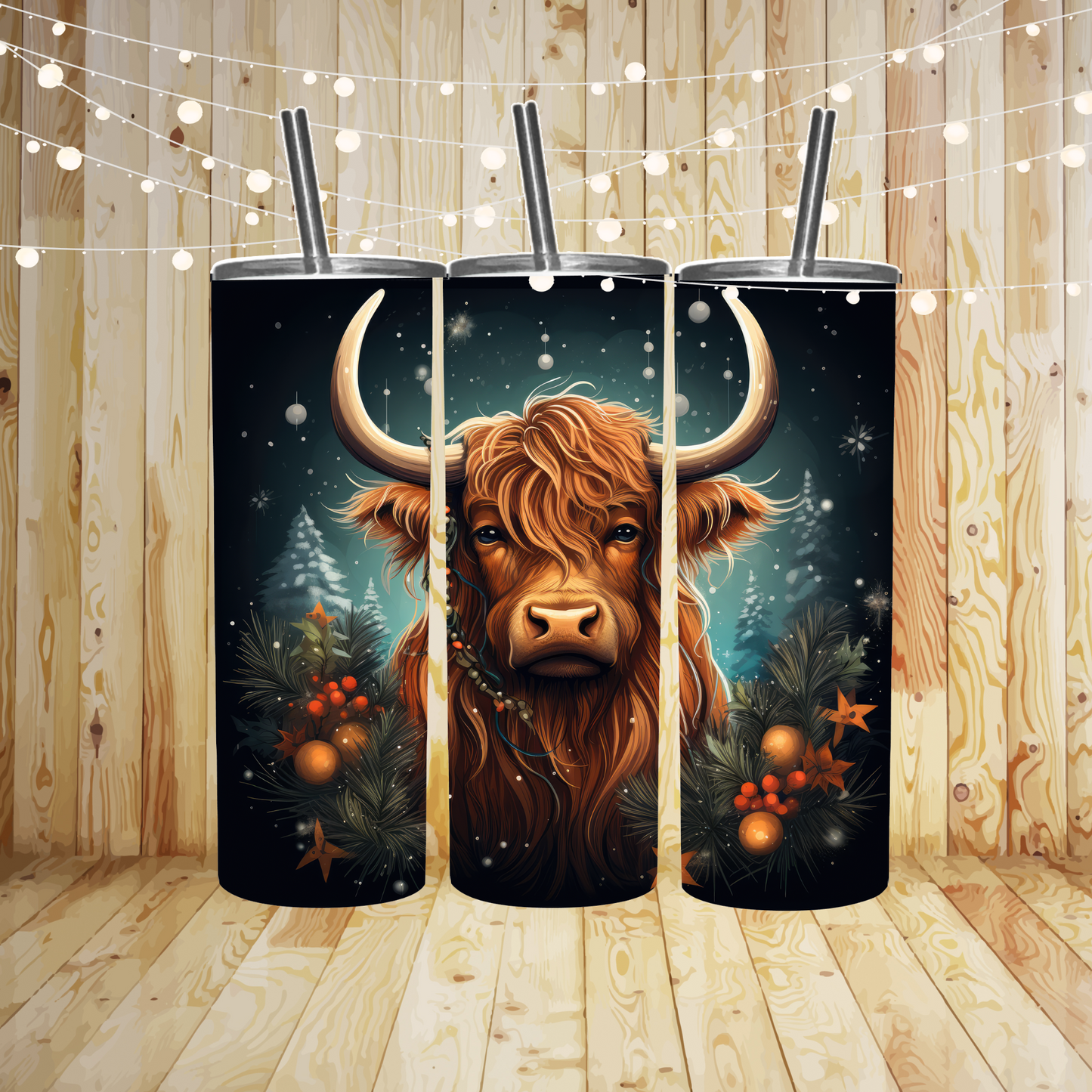 Dark Christmas Highland Cow Sublimation TRANSFER or FINISHED Tumbler