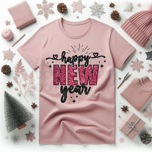 Happy New Year Pink/Black Glitter DTF Transfer