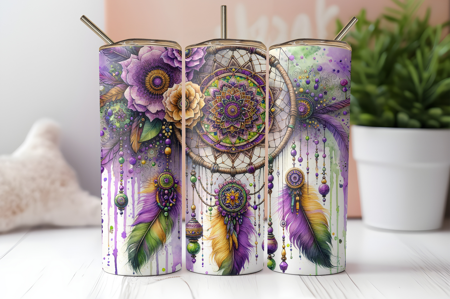 Mardi Gras Dreamcatcher Sublimation Transfer or Finished Tumbler