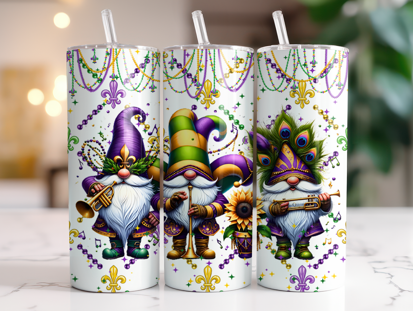 Mardi Gras Gnomes Sublimation Transfer or Finished Tumbler