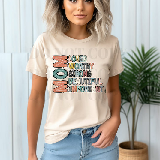 Mom-Loved, Worthy, Strong DTF Transfer