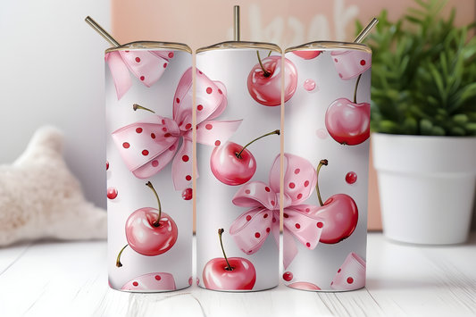 Pink Bows and Cherries Sublimation Transfer or Finished Tumbler