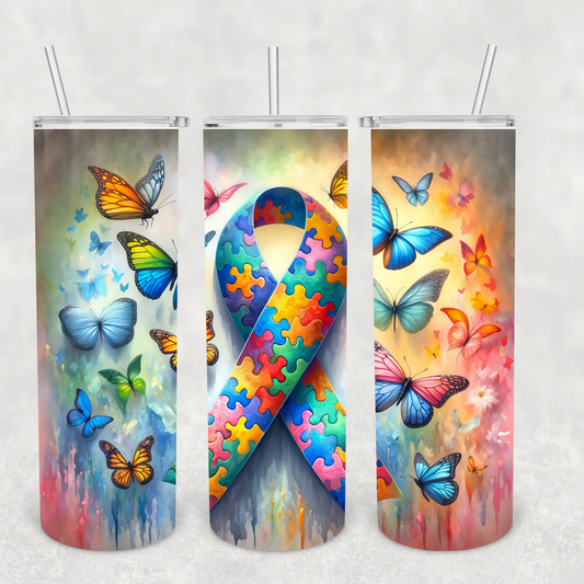 Autism Ribbon with Butterflies Tumbler Transfer or Finished Cup