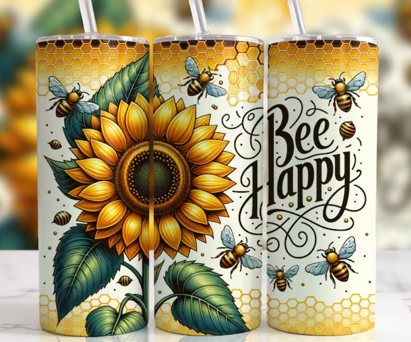 Bee Happy Sunflower Tumbler Transfer or Finished Cup