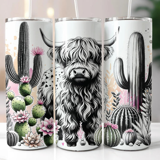 Black and White Highland Cow Sublimation Transfer or Finished Tumbler