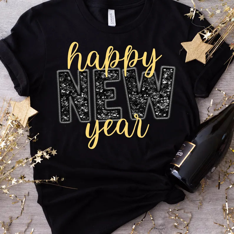 Black/Gold Happy New Year DTF Transfer