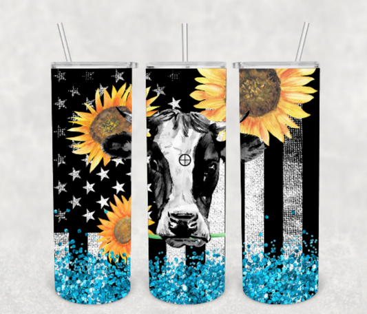 Sunflower Cow Blue Glitter Sublimation Tumbler Transfer